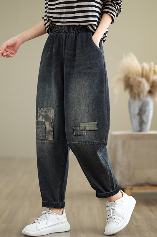 Women's Baggy Jeans Pattern Elastic Waist Casual Harem Pants With Pockets - LAI MENG FIVE CATS