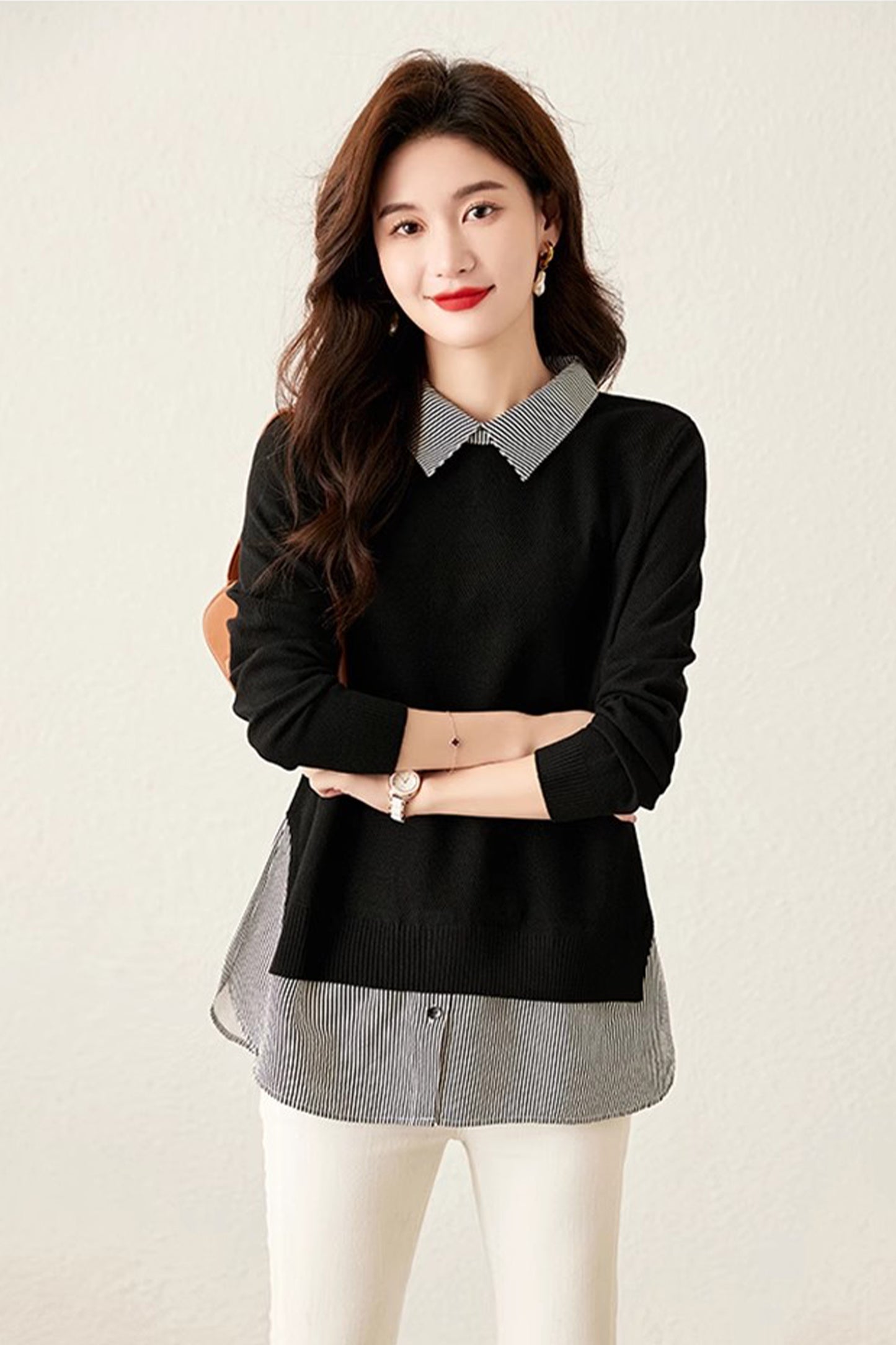 Women's Patchwork Shirt Collar Cotton Knit Pullover Tops - LAI MENG FIVE CATS