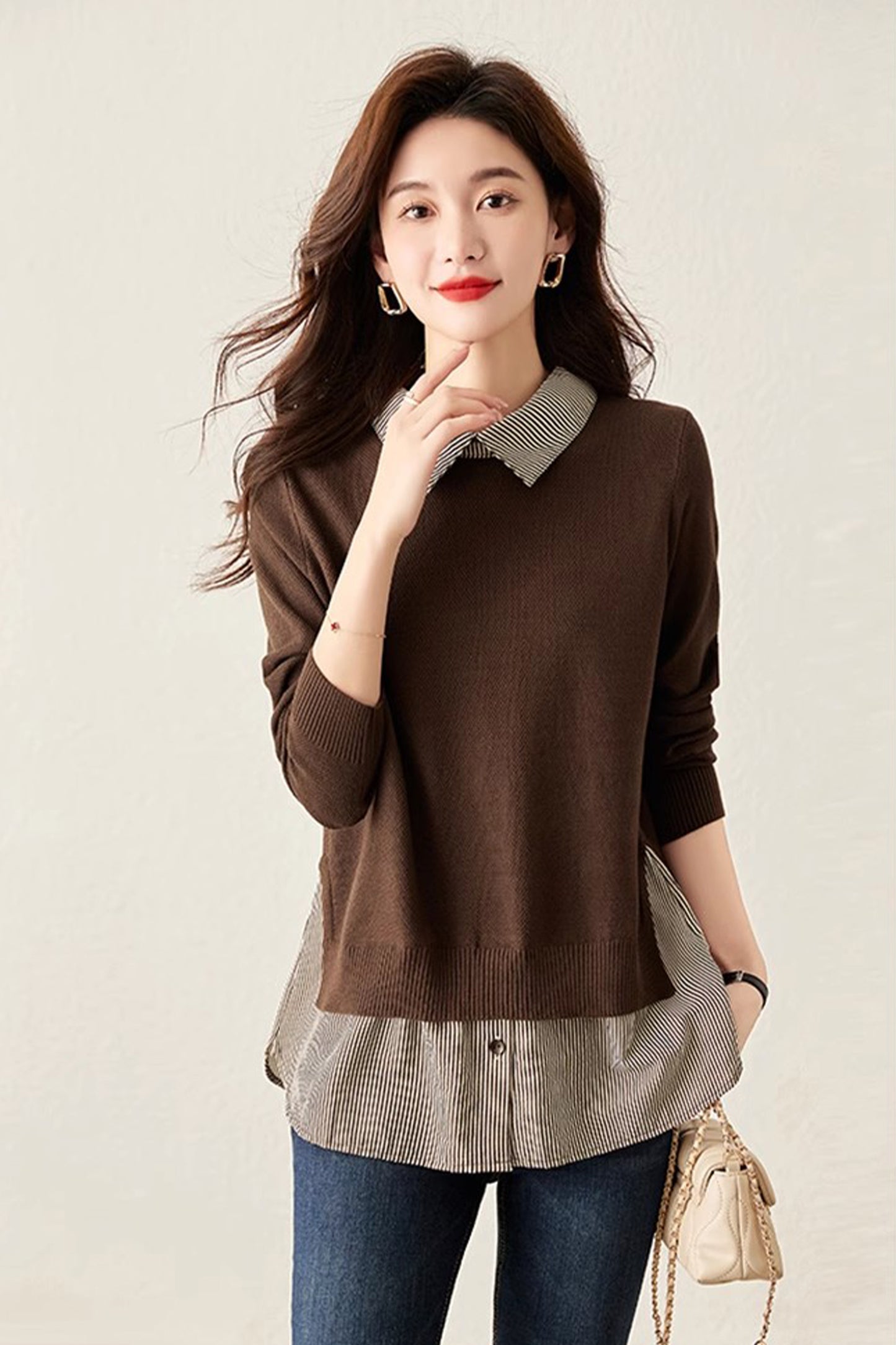 Women's Patchwork Shirt Collar Cotton Knit Pullover Tops - LAI MENG FIVE CATS