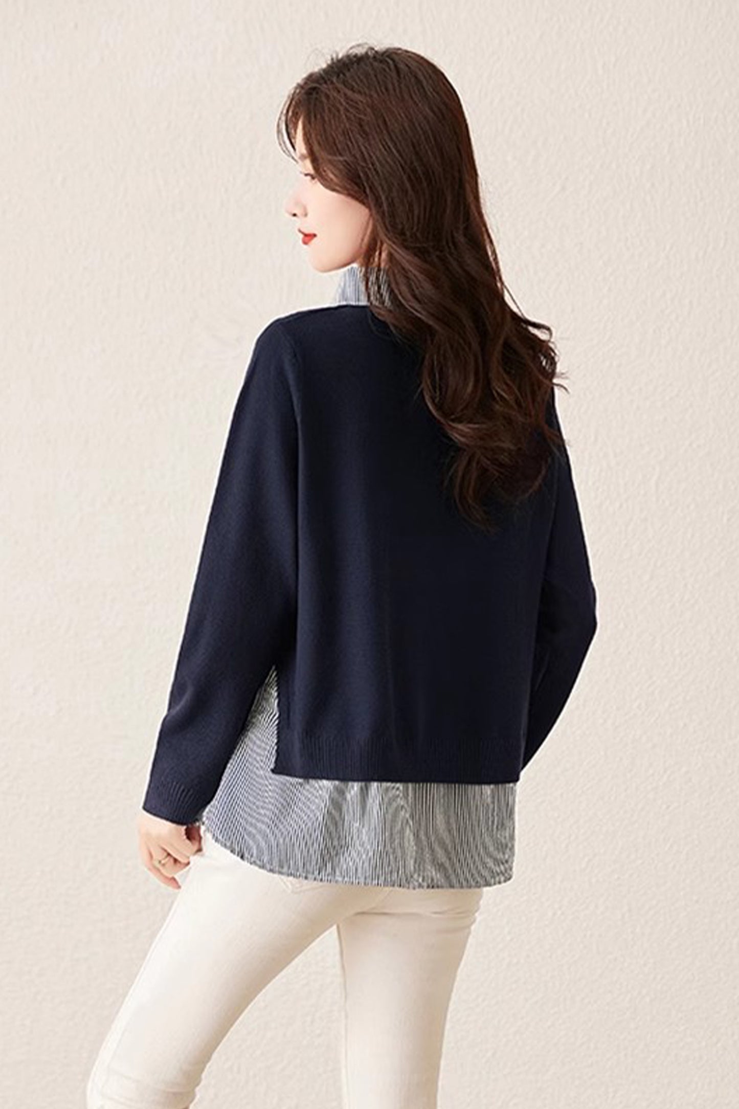 Women's Patchwork Shirt Collar Cotton Knit Pullover Tops - LAI MENG FIVE CATS
