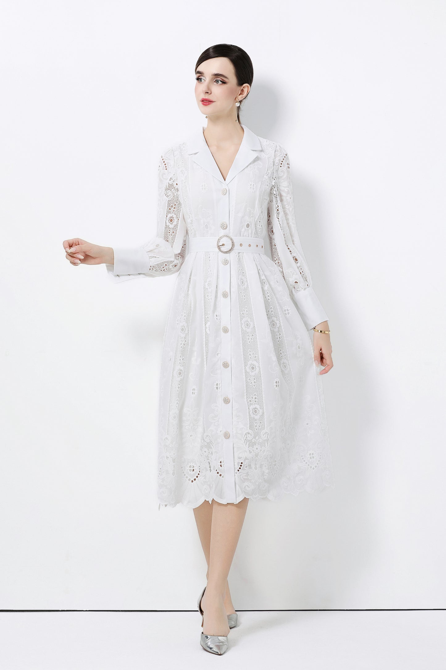 Women's Puff Sleeve Lace Hollow Out Midi Dress
