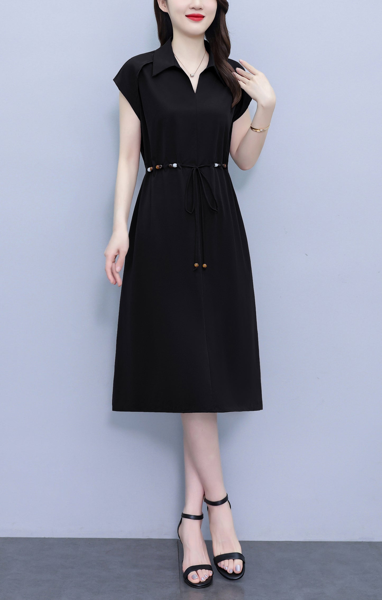 Women's V-Neck Cap Sleeve Pocket Midi Dress