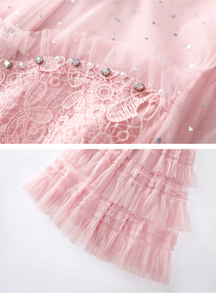 Pink Sheer Sleeves Lace Tiered Tulle Midi Dress