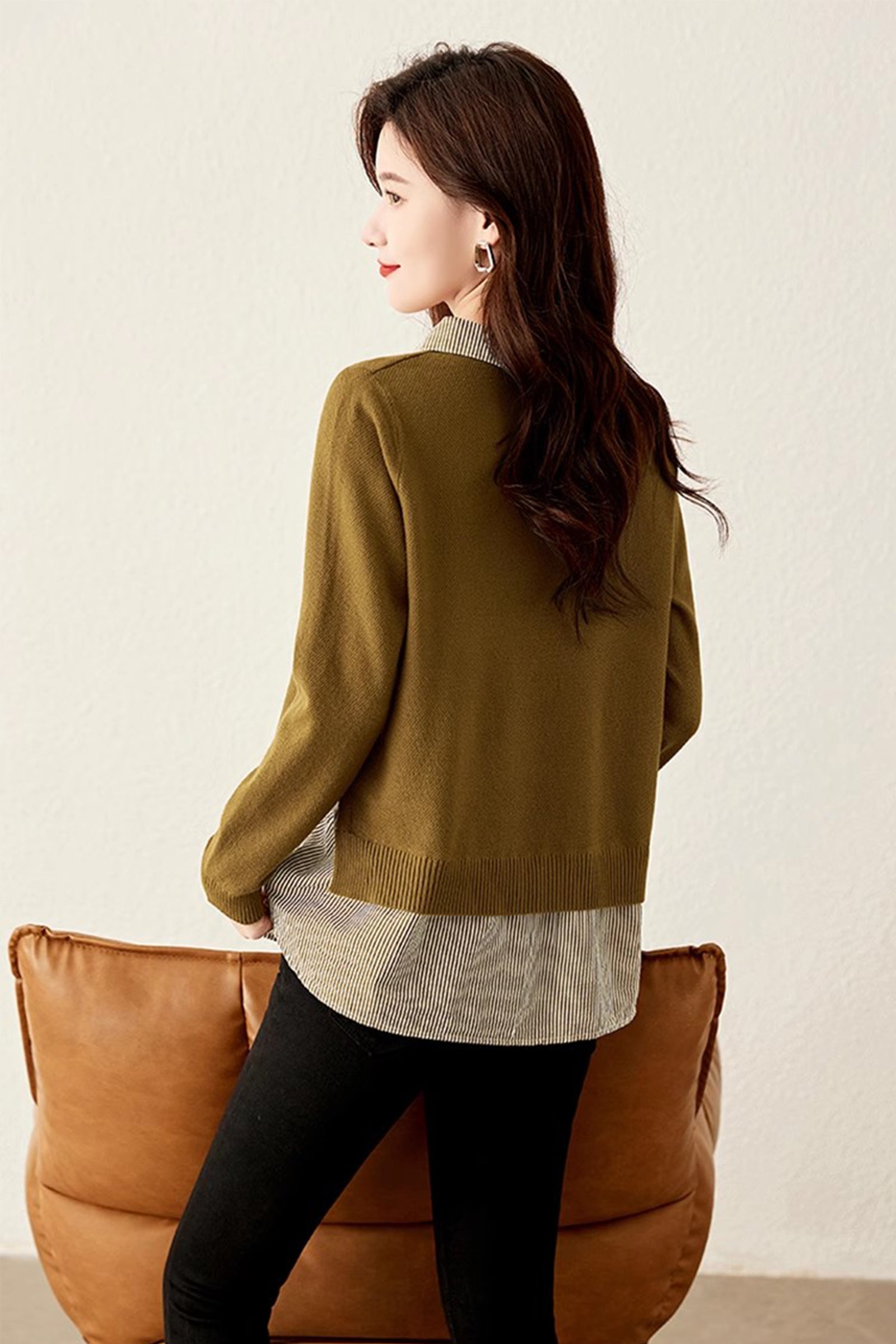 Women's Patchwork Shirt Collar Cotton  Knit Pullover Tops - LAI MENG FIVE CATS