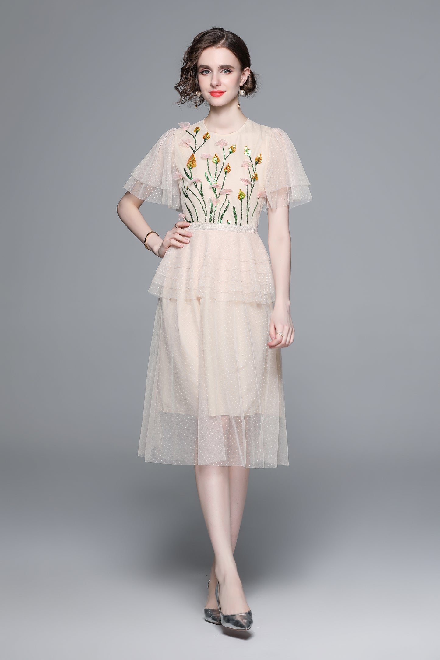 LAI MENG FIVE CATS Floral Embroidery Mesh Midi Dress - LAI MENG FIVE CATS