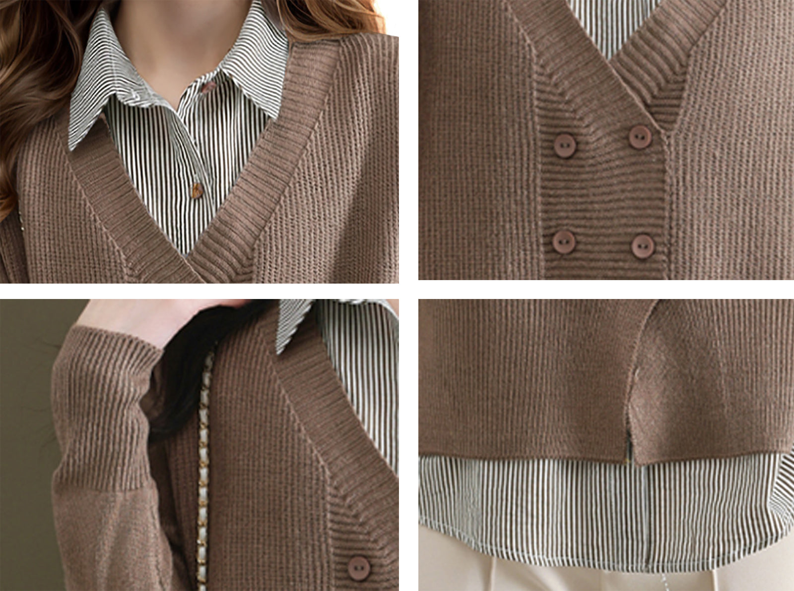 Women's Casual Patchwork Shirt Collar Long Sleeve Cotton Pullover Tops - LAI MENG FIVE CATS