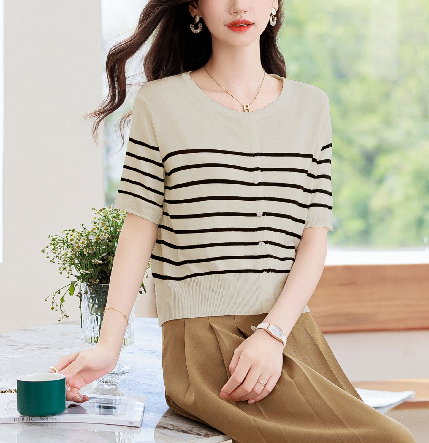 Women's Stripes Short Sleeve Knit Cardigan Tops