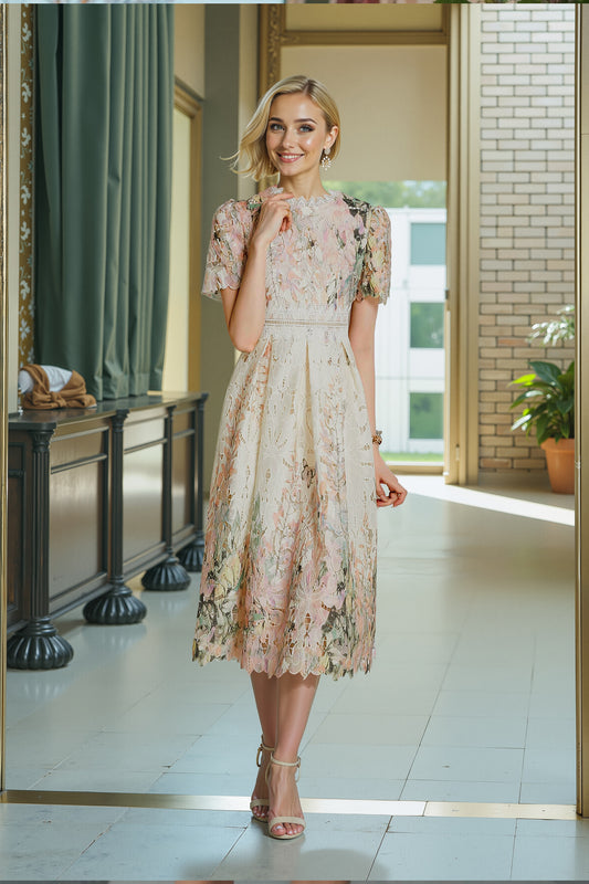 BK-Lace Floral Short Sleeve Crochet Waist Cocktail Midi Dress - LAI MENG FIVE CATS