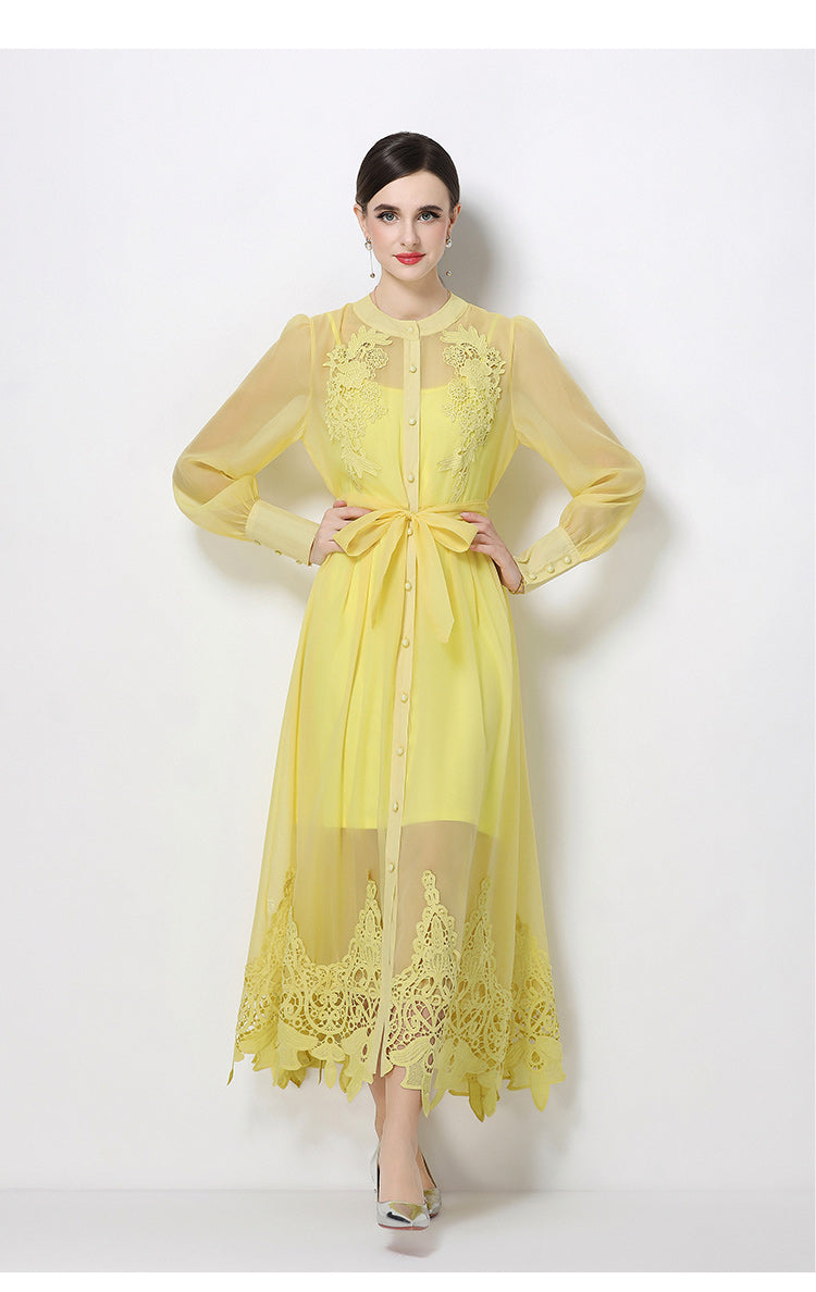 Sheer Embroidered Organza Maxi Dress with Slip & Belt - LAI MENG FIVE CATS