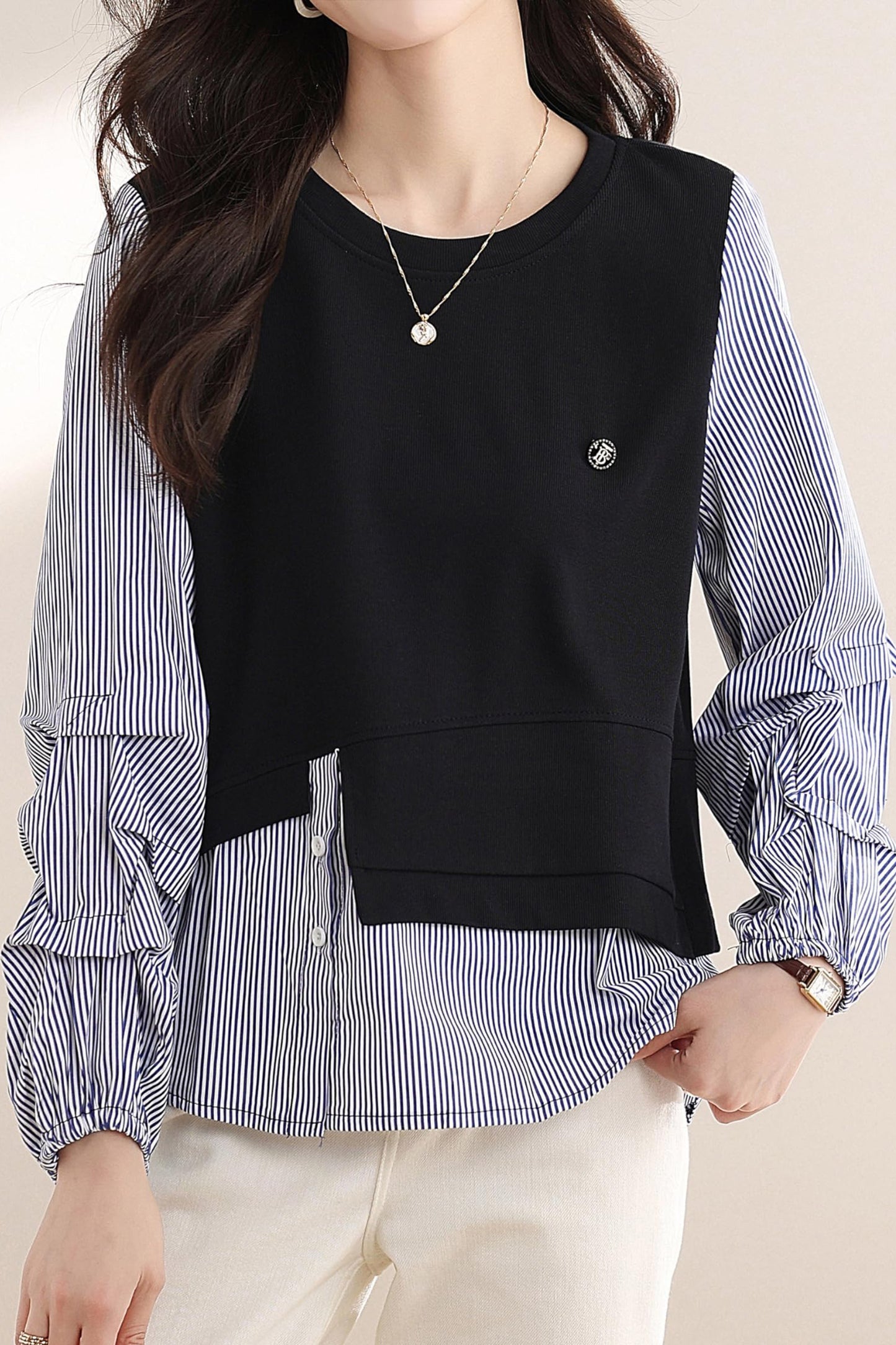 Patchwork Knit Round Neck Pullover Tops - LAI MENG FIVE CATS