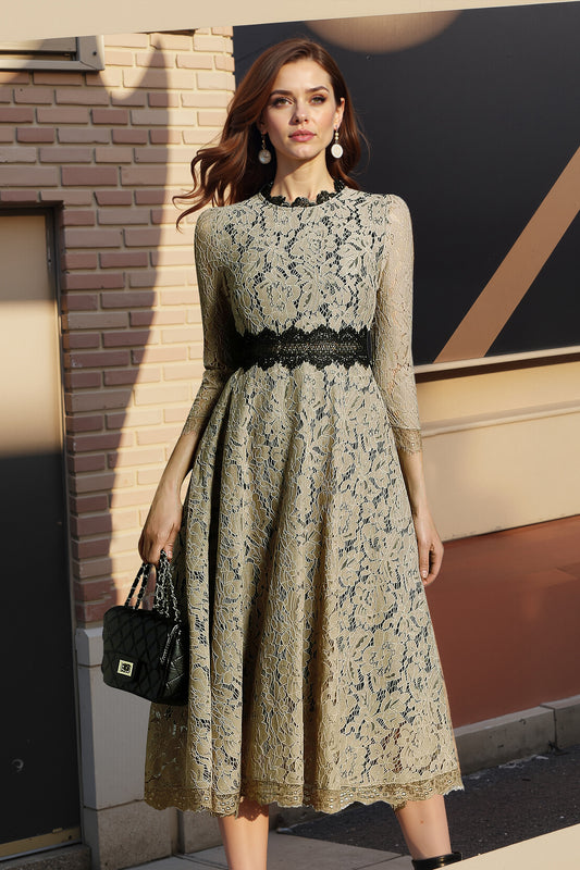 BK-Women's 3/4 Sleeve Floral Lace Cocktail Party Midi Dress - LAI MENG FIVE CATS