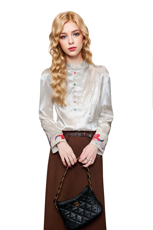Women's Vintage chinese Silk Satin Top Embroidery Jacquard Blouses - LAI MENG FIVE CATS