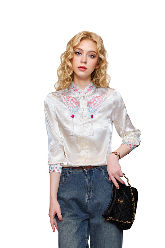 Women's Vintage chinese Silk Satin Top Embroidery Jacquard Blouses - LAI MENG FIVE CATS