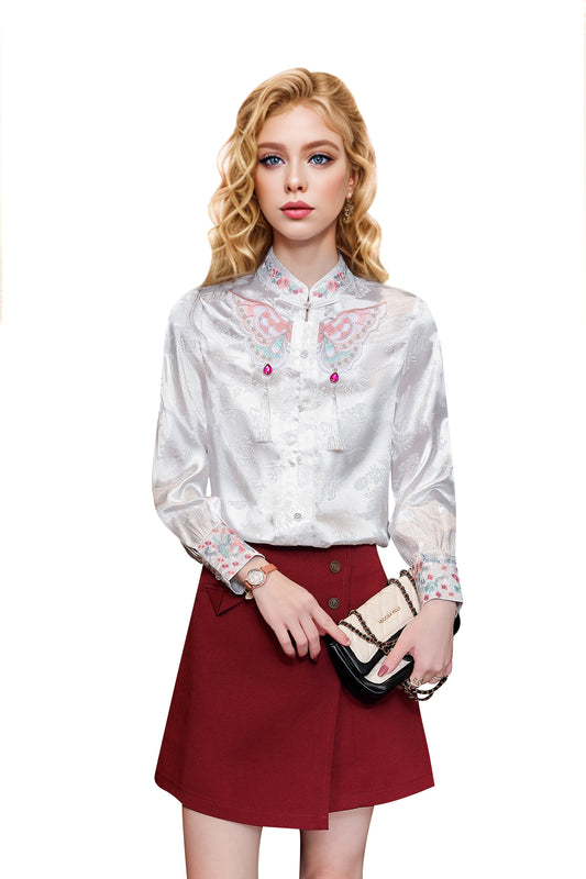 Women's Vintage chinese Silk Satin Top Embroidery Jacquard Blouses - LAI MENG FIVE CATS