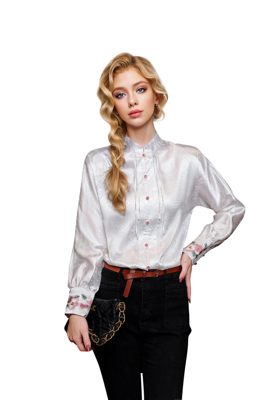 Women's Vintage chinese Silk Satin Top Embroidery Jacquard Blouses - LAI MENG FIVE CATS