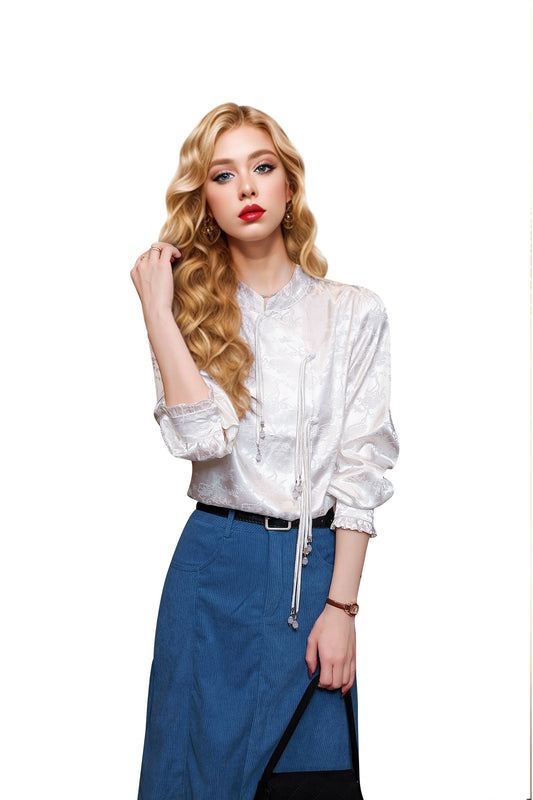 Women's Vintage chinese Silk Satin Top Embroidery Jacquard Blouses - LAI MENG FIVE CATS