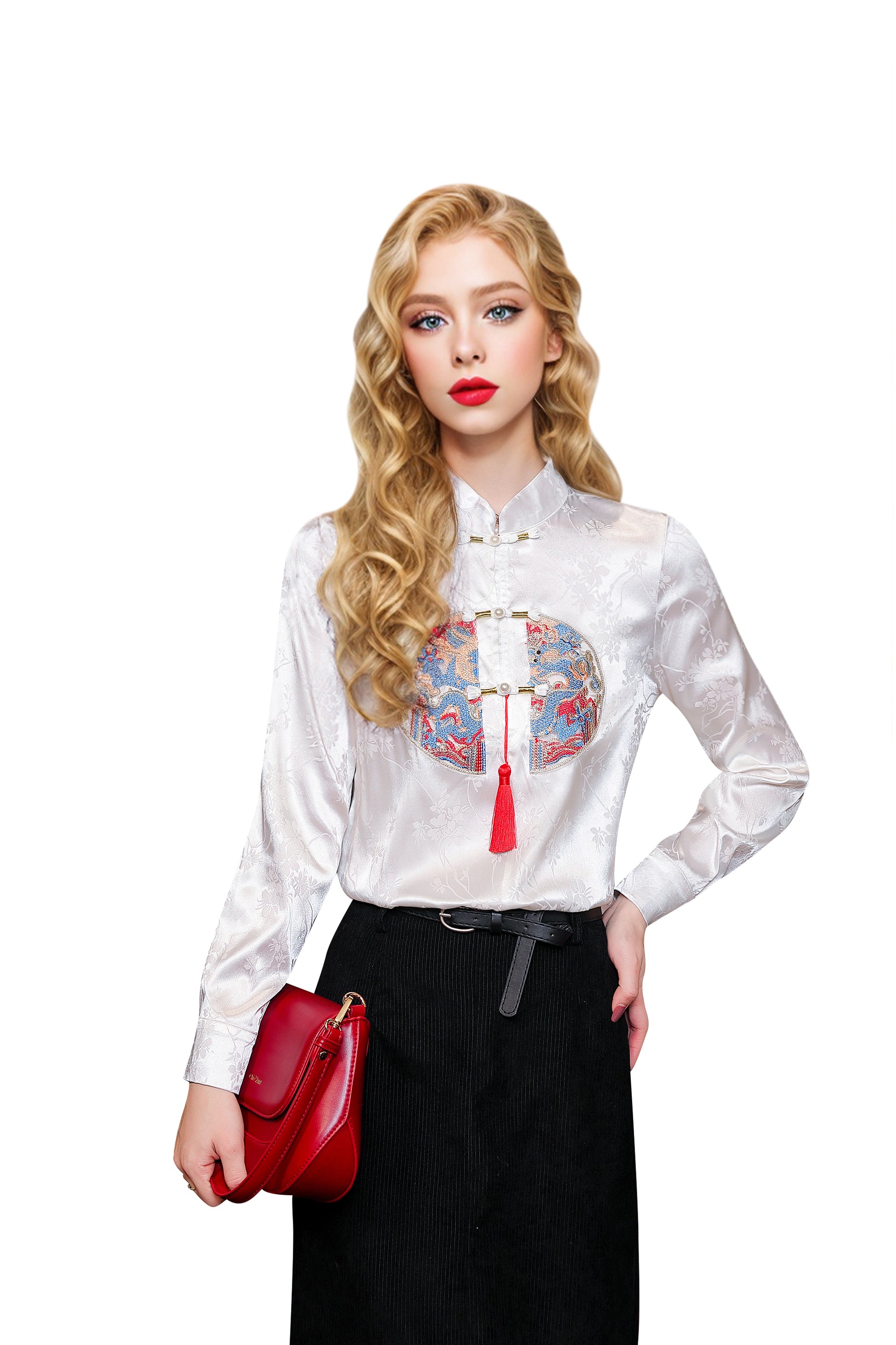 Women's Vintage chinese Silk Satin Top Embroidery Jacquard Blouses - LAI MENG FIVE CATS