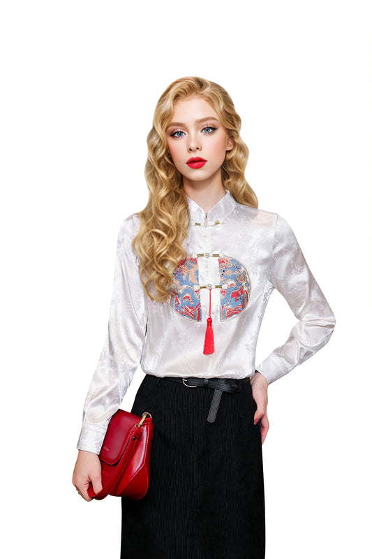 Women's Vintage chinese Silk Satin Top Embroidery Jacquard Blouses - LAI MENG FIVE CATS
