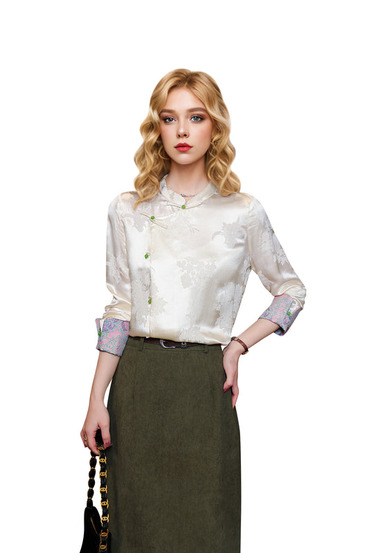 Women's Vintage chinese Silk Satin Top Embroidery Jacquard Blouses - LAI MENG FIVE CATS