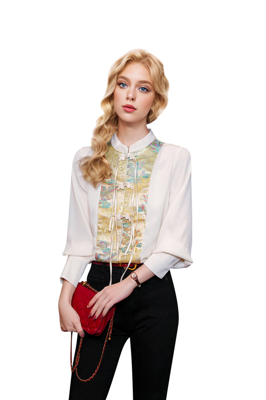 Women's Vintage chinese Silk Satin Top Embroidery Jacquard Blouses - LAI MENG FIVE CATS