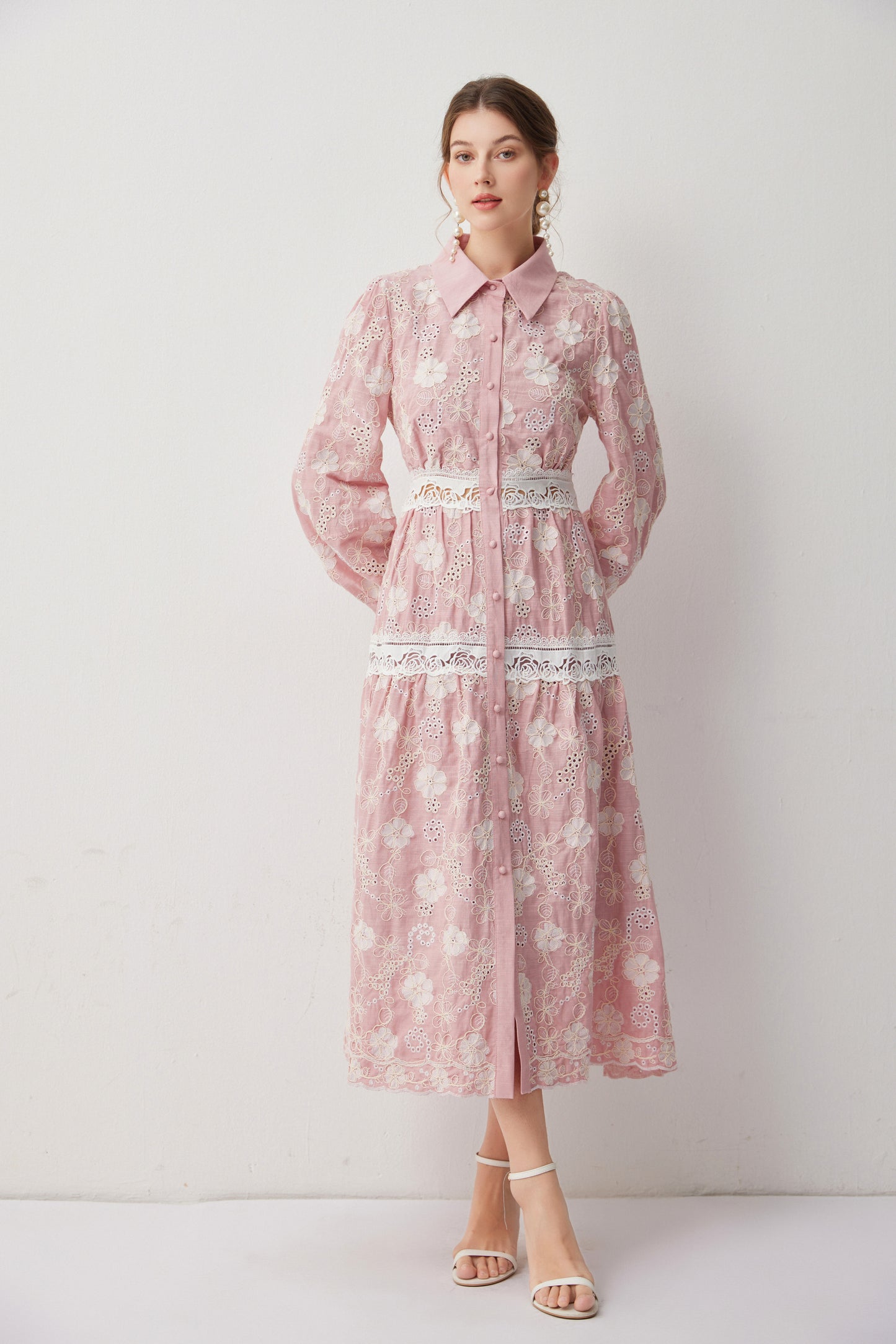 Women's Embroidery Hollow Out Lace Midi Dress