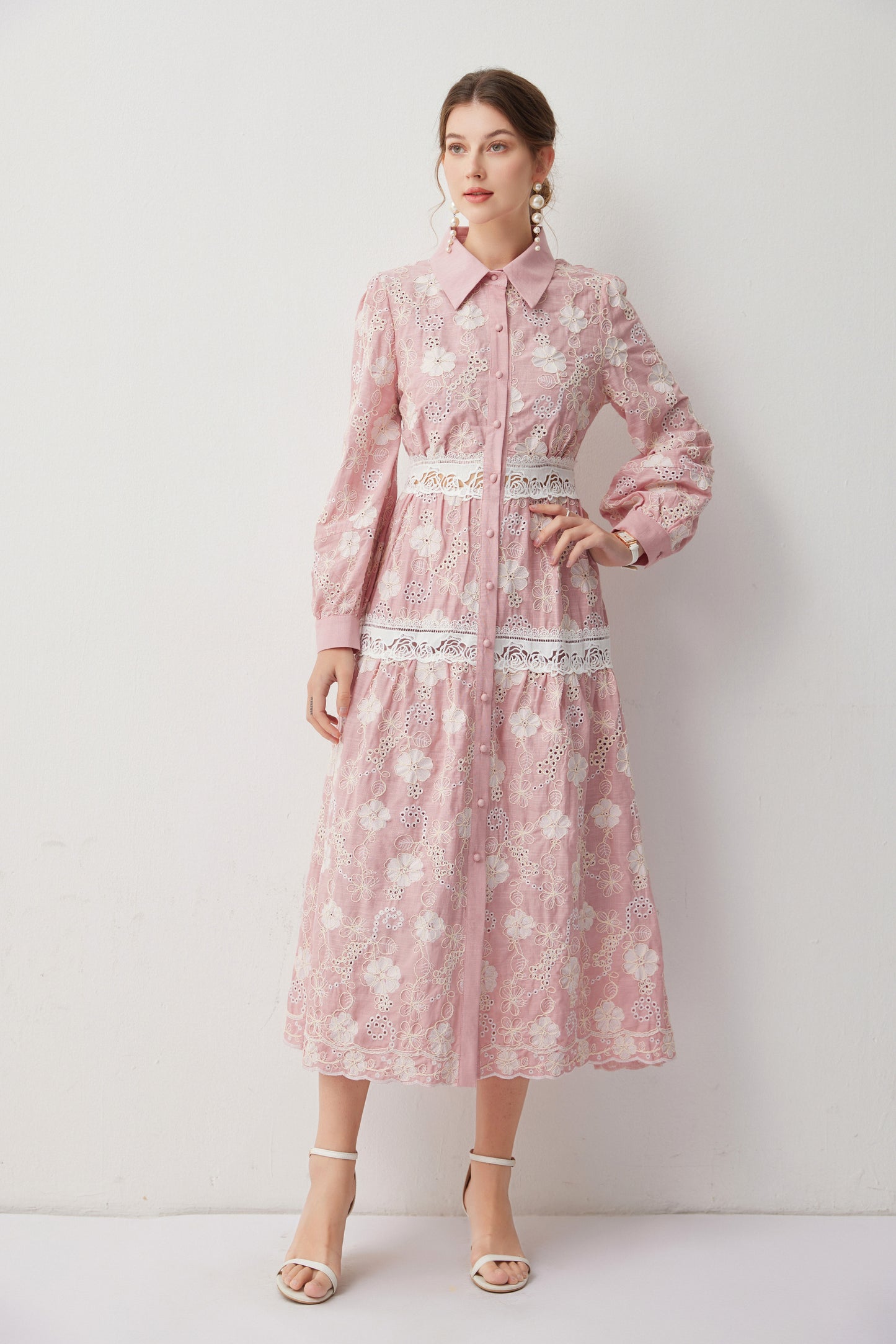 Women's Embroidery Hollow Out Lace Midi Dress