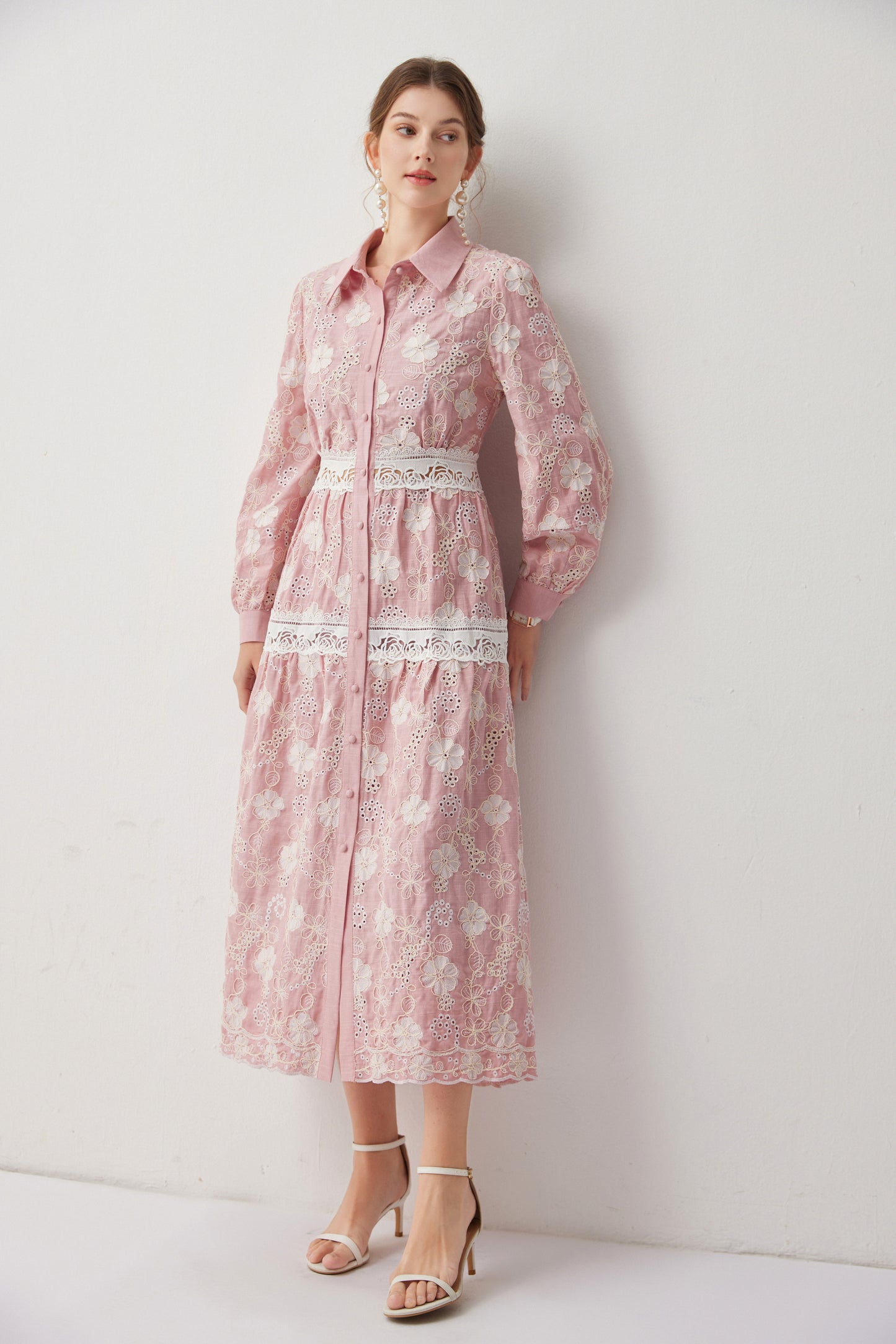 Women's Embroidery Hollow Out Lace Midi Dress