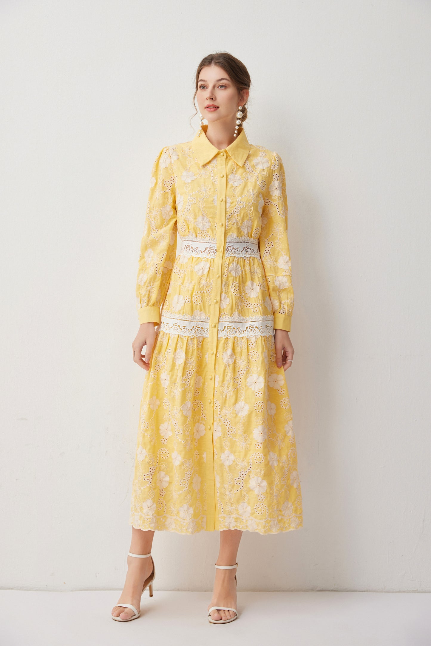 Women's Embroidery Hollow Out Lace Midi Dress