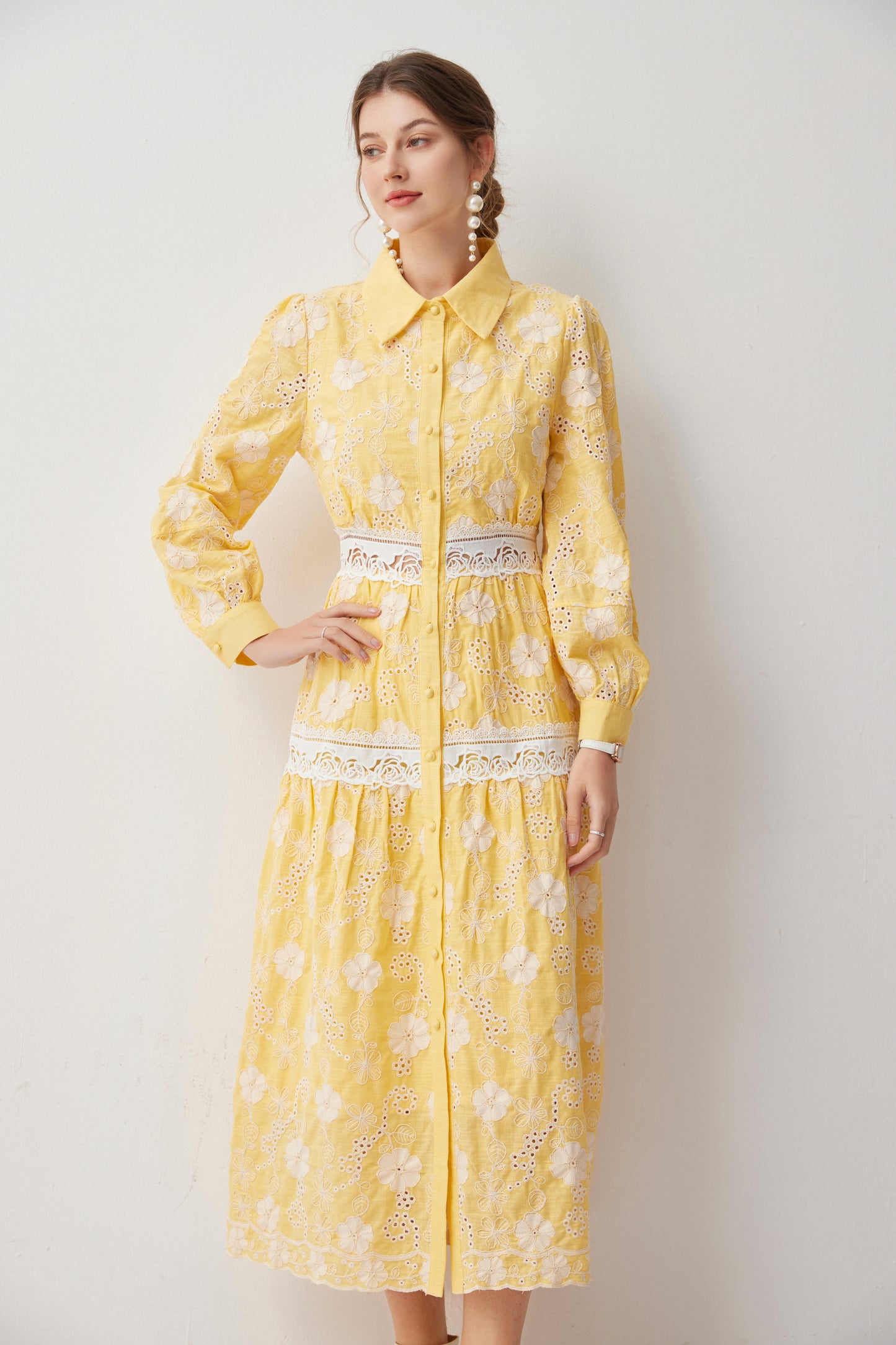 Women's Embroidery Hollow Out Lace Midi Dress
