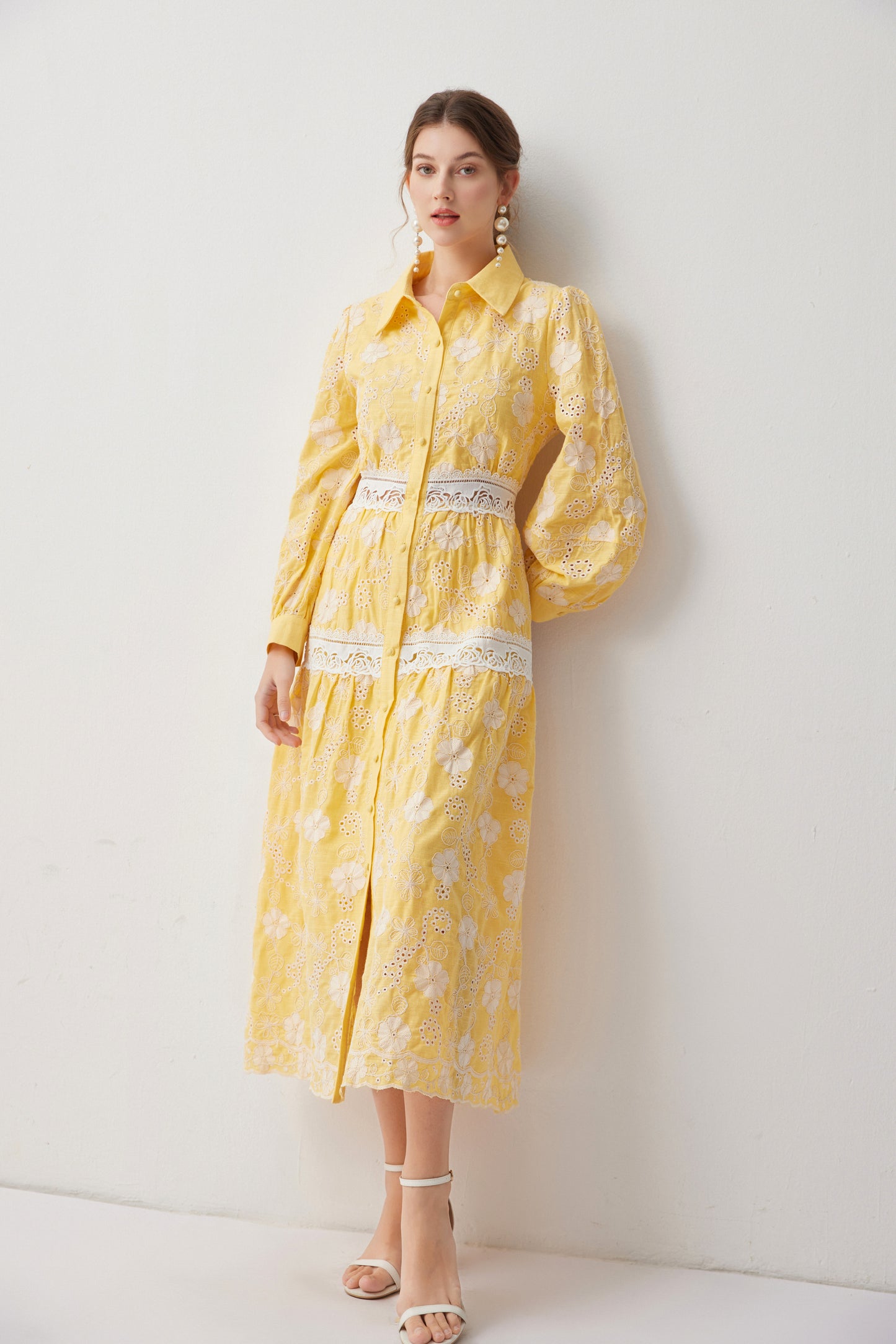 Women's Embroidery Hollow Out Lace Midi Dress