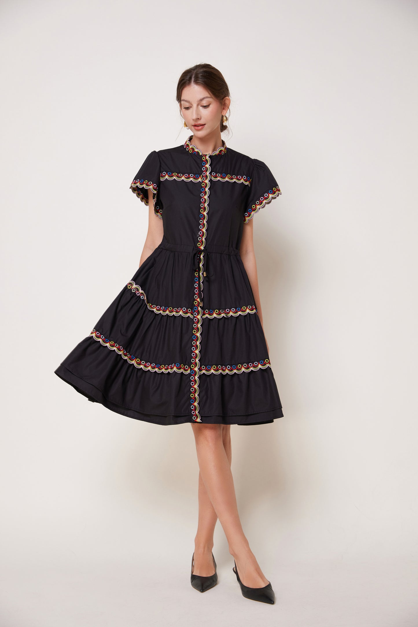 Women's Embroidered Puffed Sleeve Waist Drawstring Mini Dress