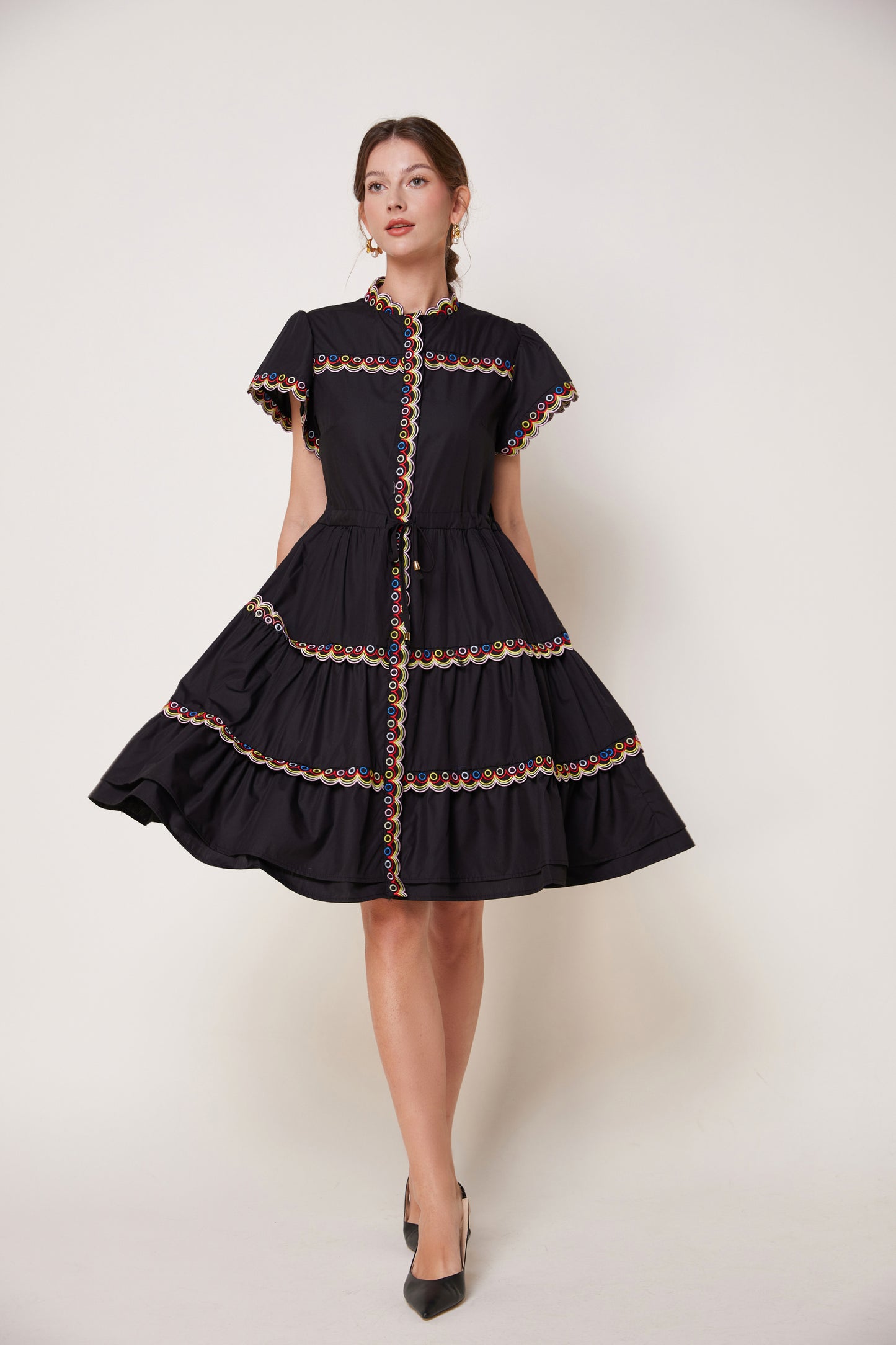 Women's Embroidered Puffed Sleeve Waist Drawstring Mini Dress