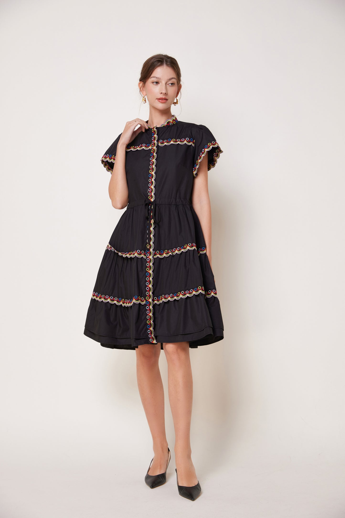Women's Embroidered Puffed Sleeve Waist Drawstring Mini Dress