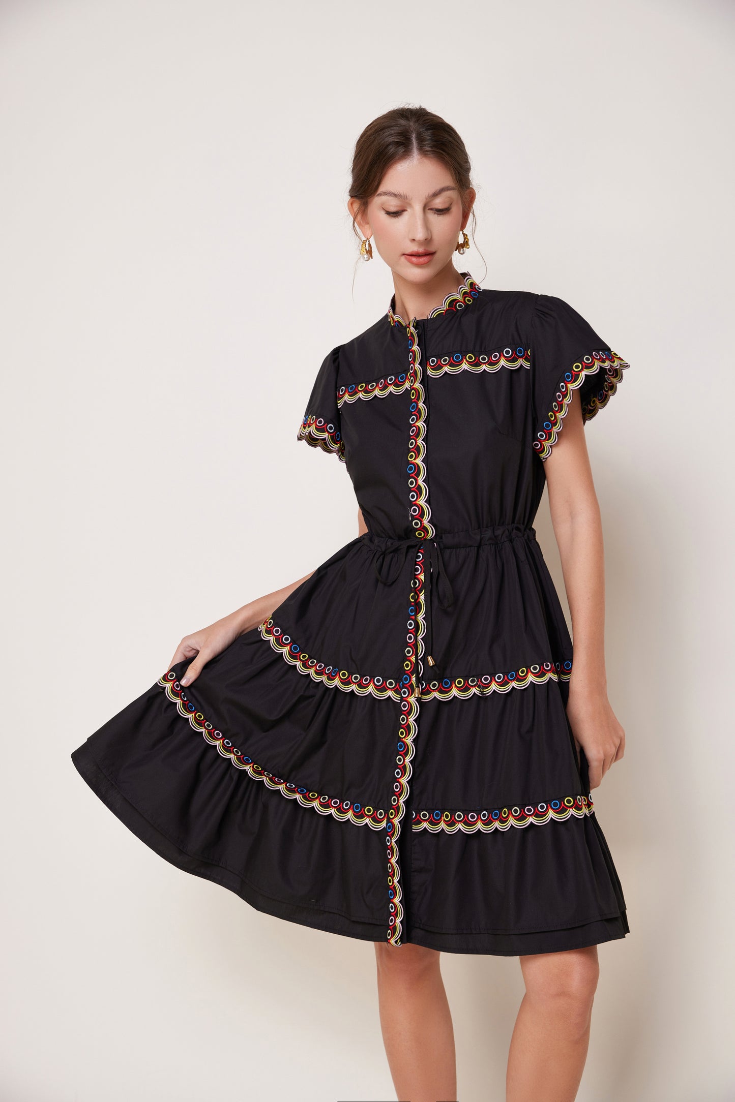 Women's Embroidered Puffed Sleeve Waist Drawstring Mini Dress