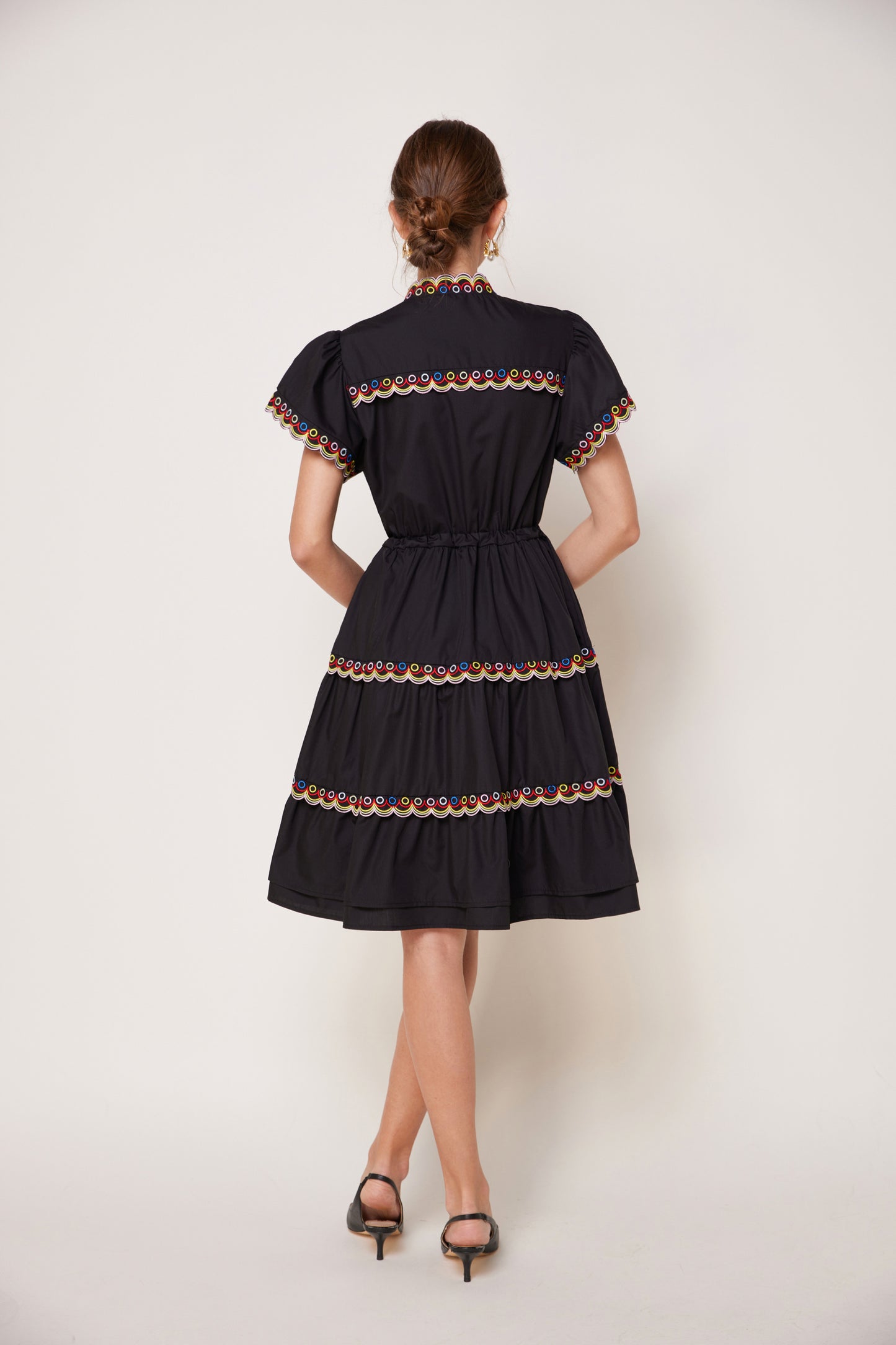 Women's Embroidered Puffed Sleeve Waist Drawstring Mini Dress