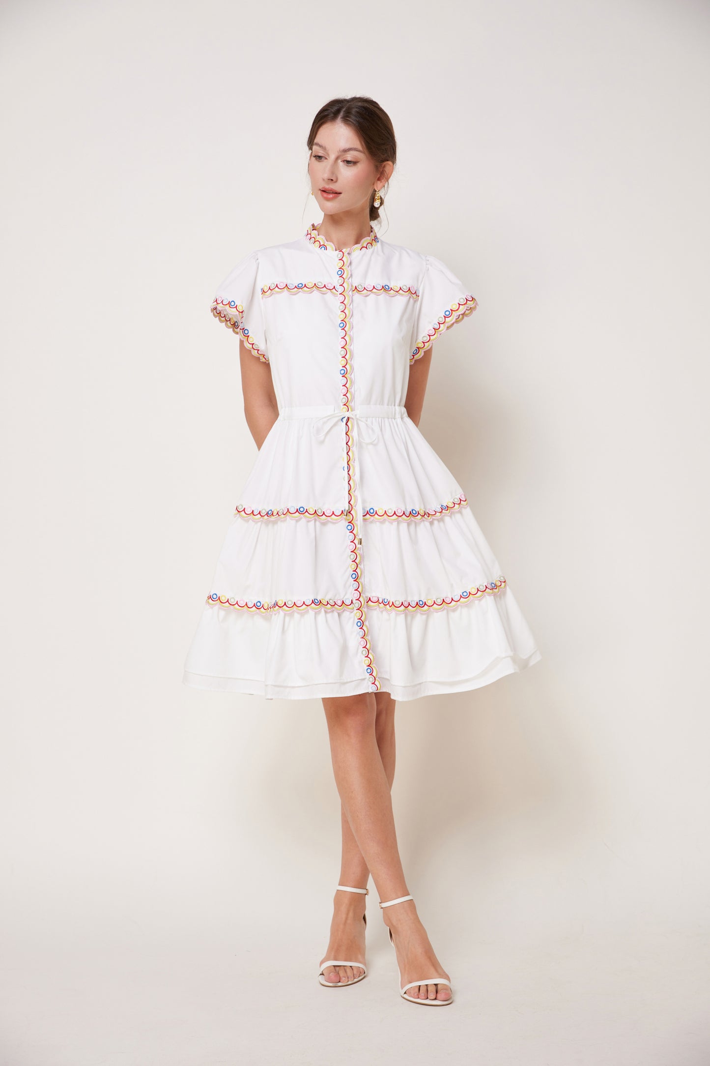 Women's Embroidered Puffed Sleeve Waist Drawstring Mini Dress