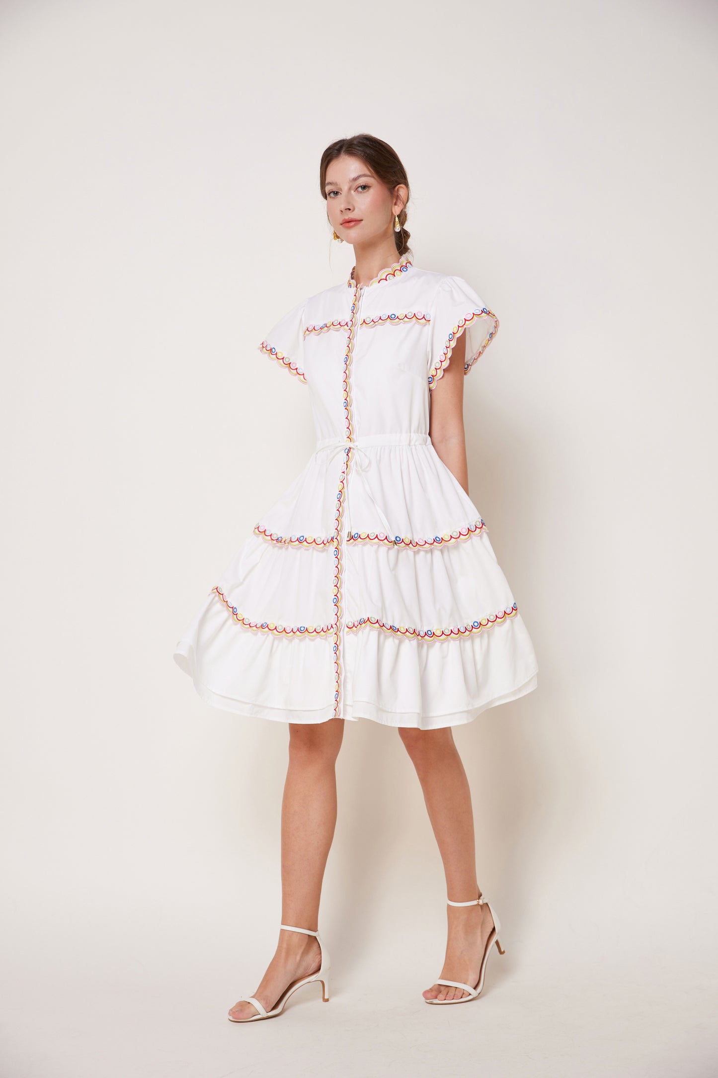 Women's Embroidered Puffed Sleeve Waist Drawstring Mini Dress