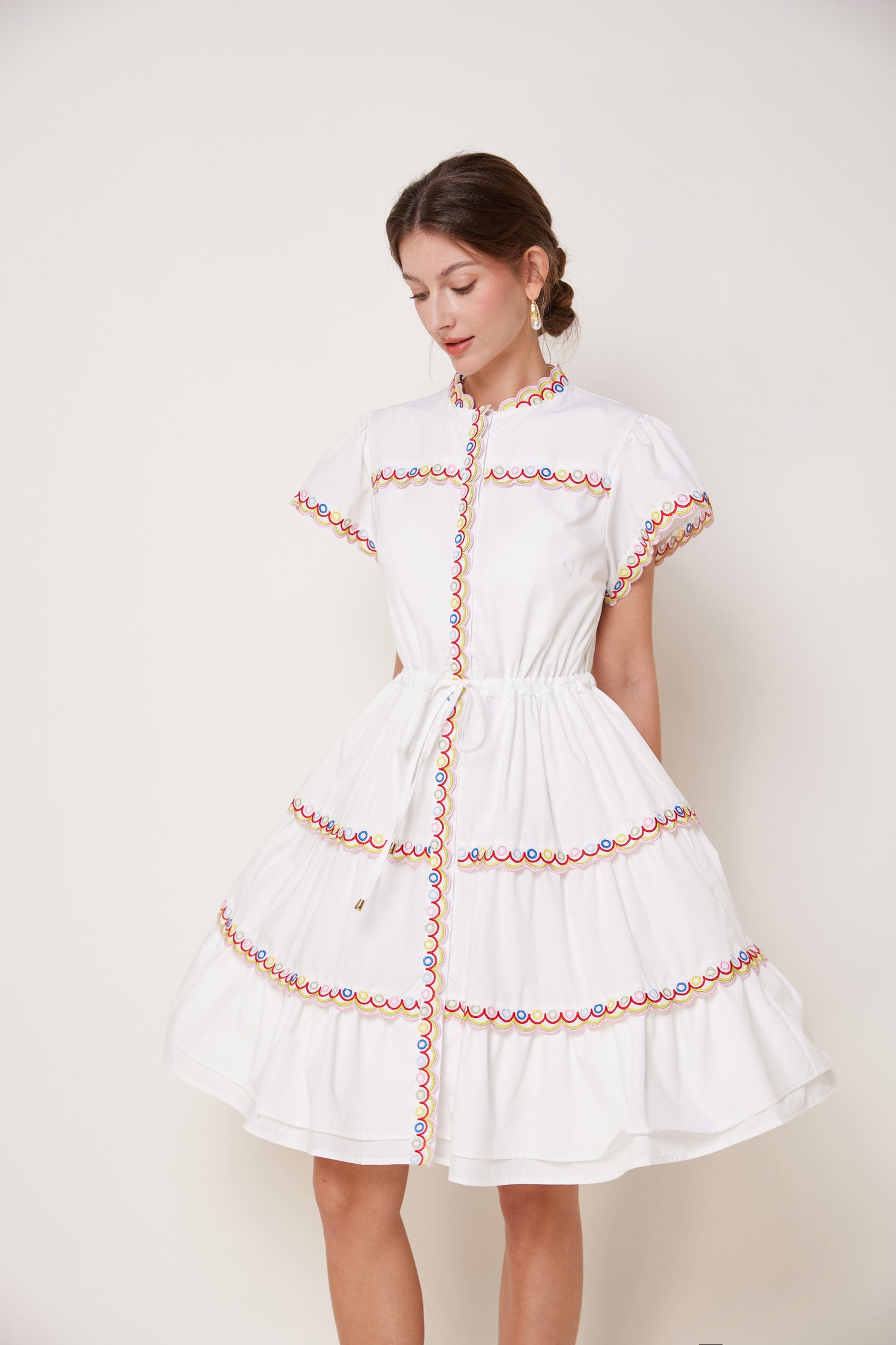 Women's Embroidered Puffed Sleeve Waist Drawstring Mini Dress