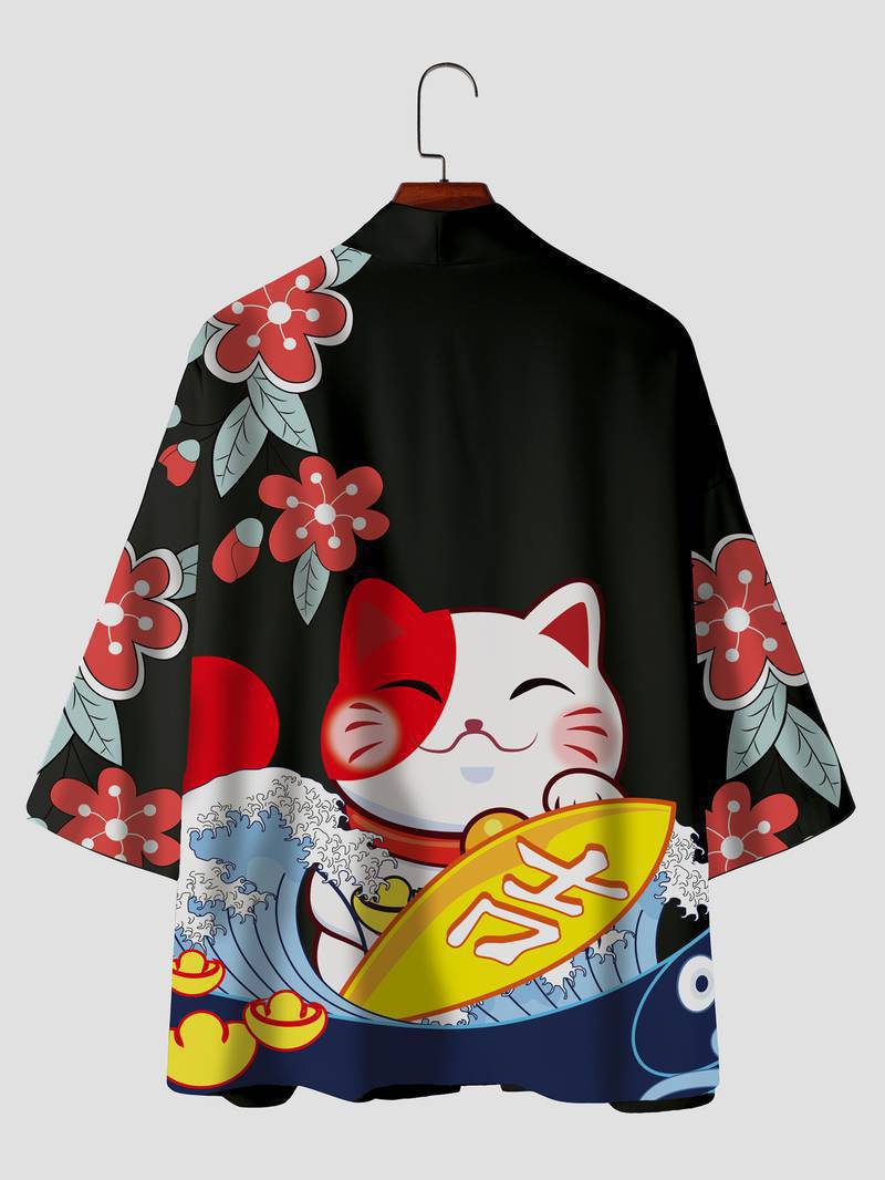 Women's Lucky Cat Cardigan Kimono Blouse Tops