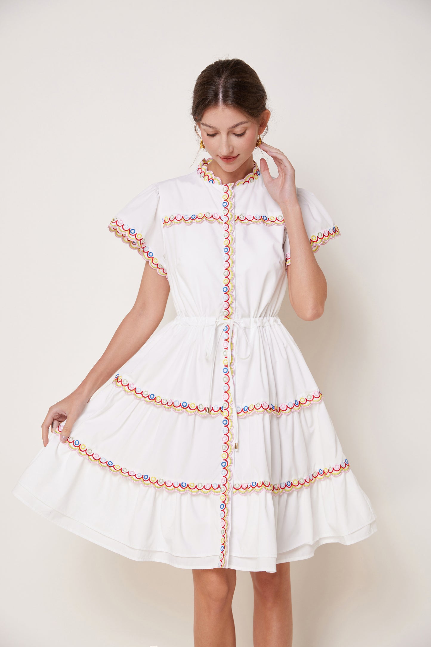 Women's Embroidered Puffed Sleeve Waist Drawstring Mini Dress