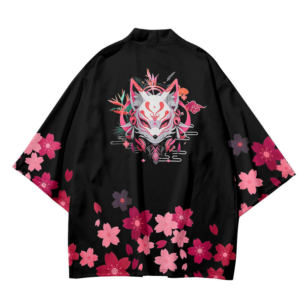 Women's Floral Print Puff Sleeve Japanese Kimono Tops