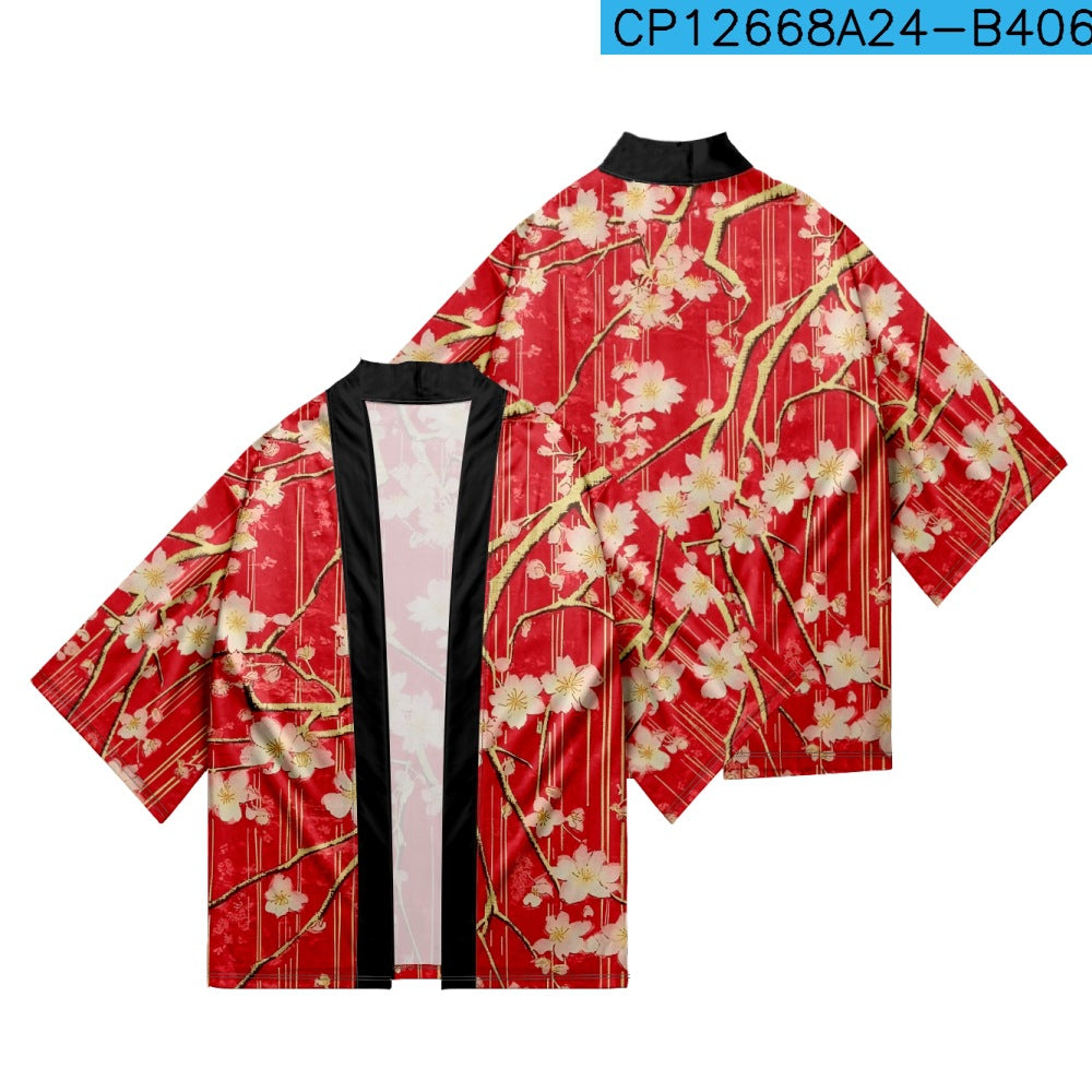 Women's Floral Print Puff Sleeve Japanese Kimono Tops