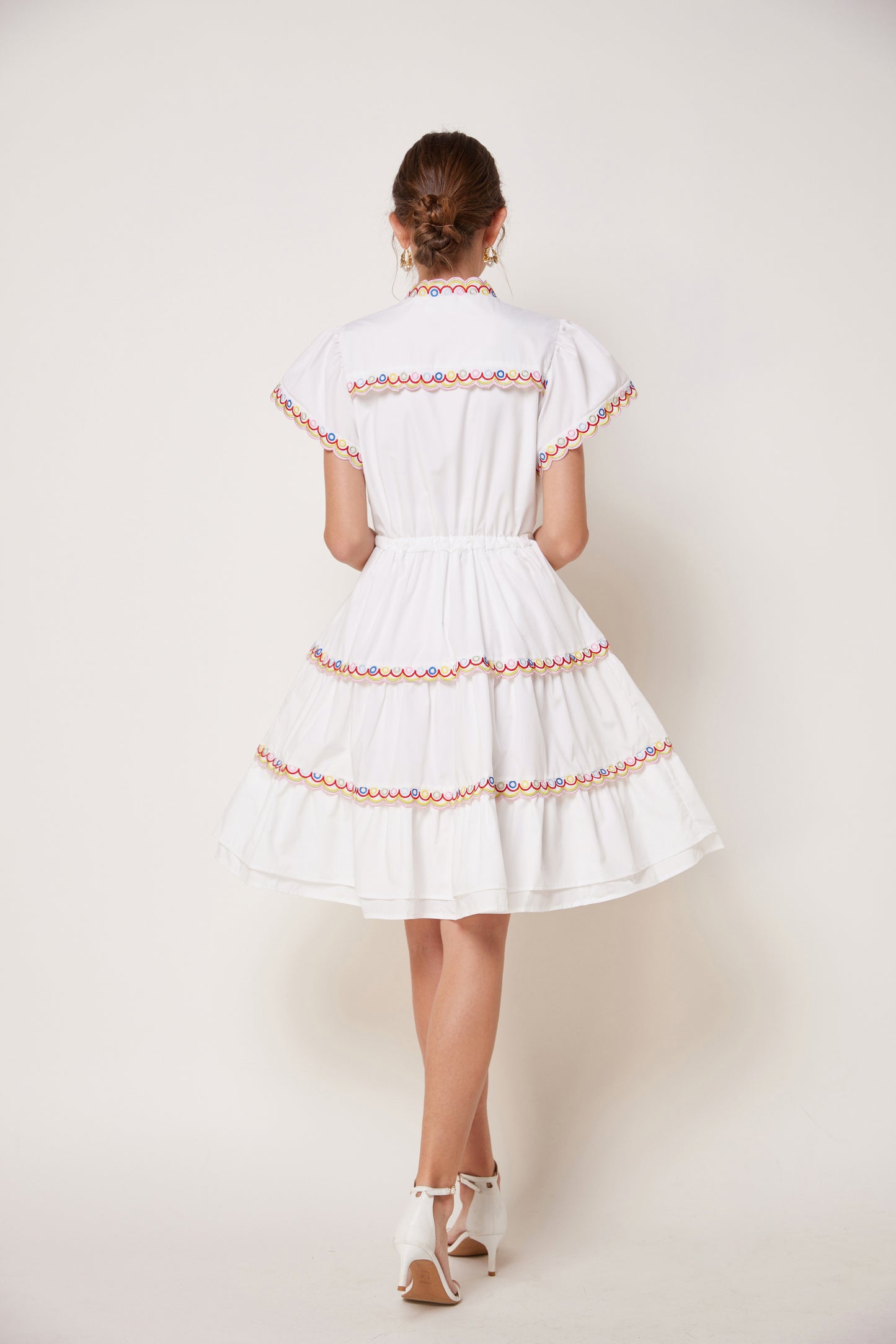 Women's Embroidered Puffed Sleeve Waist Drawstring Mini Dress
