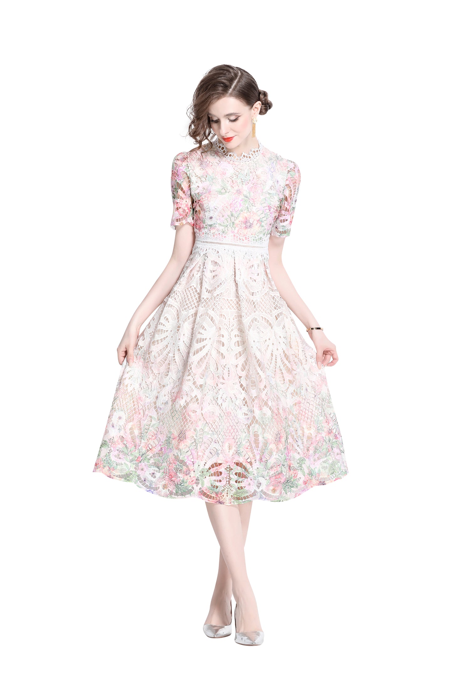 Women's Lace Floral Short Sleeve Crochet Waist Cocktail Midi Dress - LAI MENG FIVE CATS