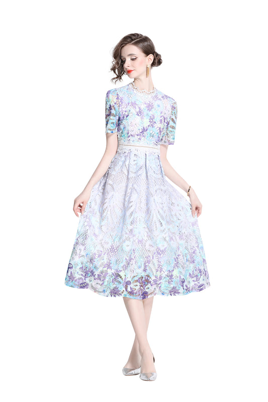 Women's Lace Floral Short Sleeve Crochet Waist Cocktail Midi Dress - LAI MENG FIVE CATS