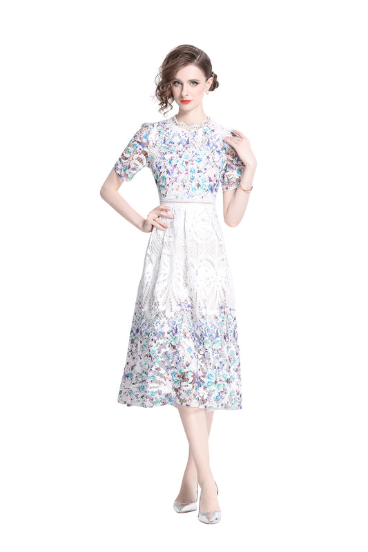 Women's Lace Floral Short Sleeve Crochet Waist Cocktail Midi Dress - LAI MENG FIVE CATS