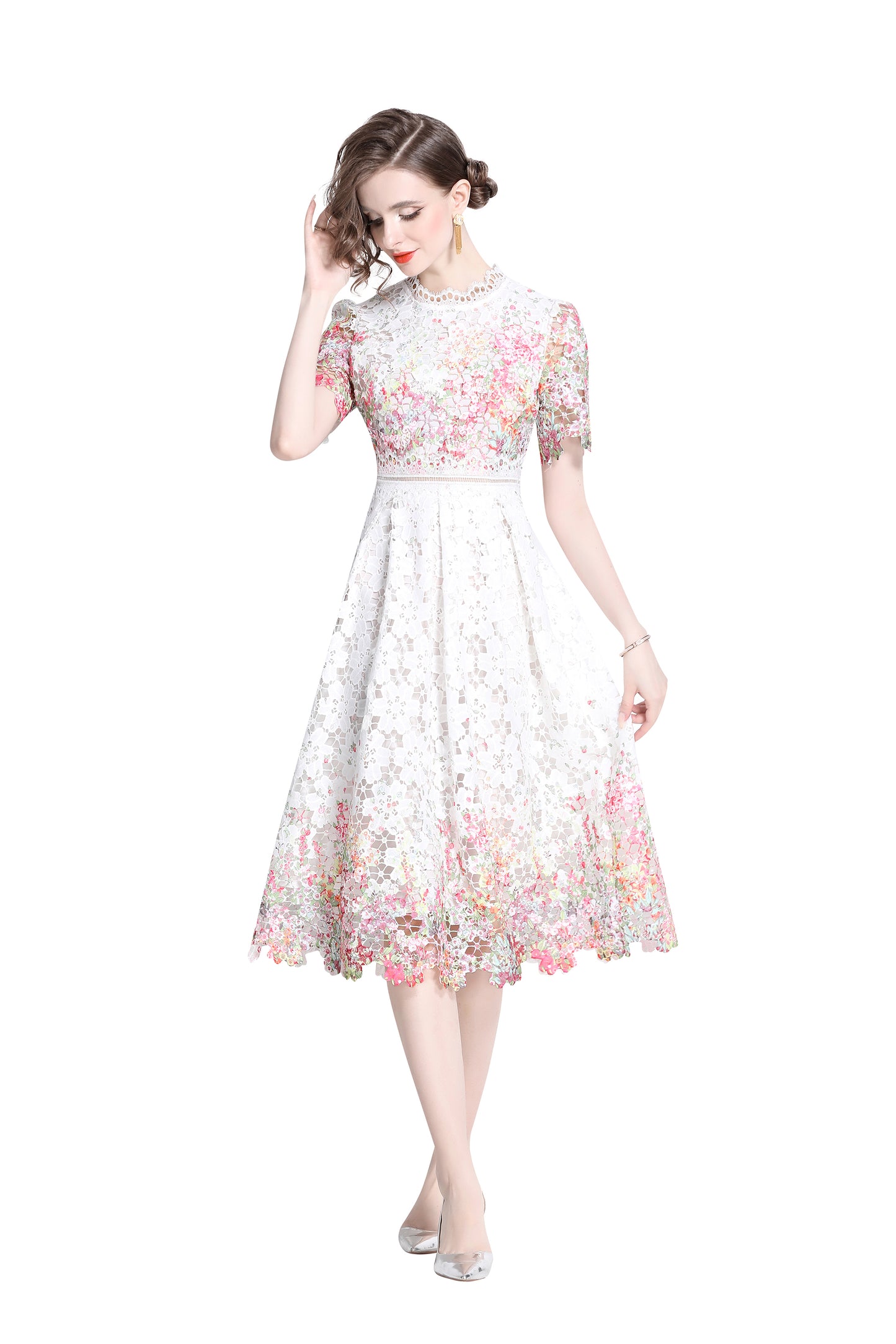 Women's Lace Floral Short Sleeve Crochet Waist Cocktail Midi Dress - LAI MENG FIVE CATS
