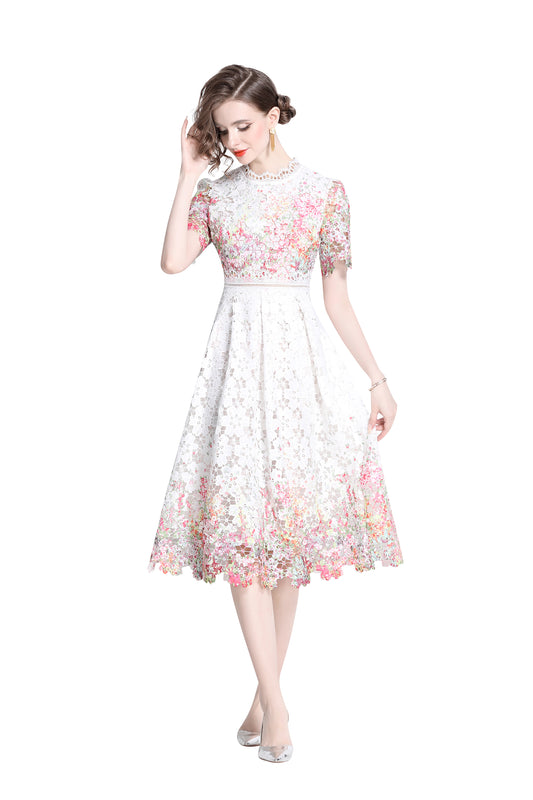 Women's Lace Floral Short Sleeve Crochet Waist Cocktail Midi Dress - LAI MENG FIVE CATS
