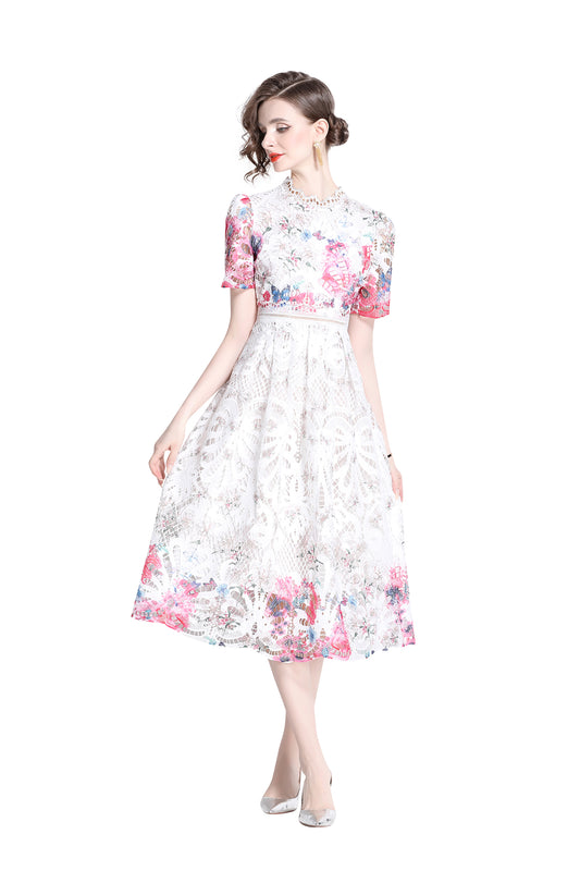 Women's Lace Floral Short Sleeve Crochet Waist Cocktail Midi Dress - LAI MENG FIVE CATS