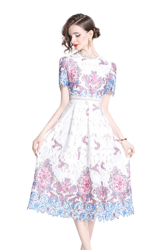 Women's Lace Floral Short Sleeve Crochet Waist Cocktail Midi Dress - LAI MENG FIVE CATS